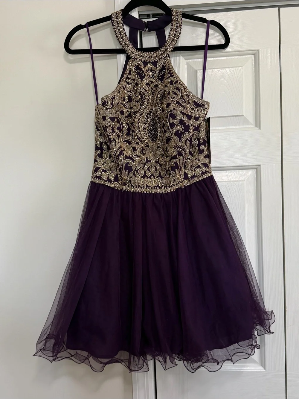 Blondie Purple Gold Trimmed Halter Neck Cocktail Homecoming Dress NWT Size 11